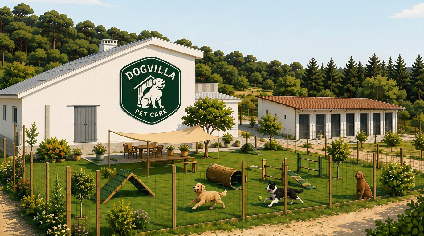 Espaço exterior do hotel canino DogVilla Pet Care em Palmela com relva verde e cães a descansar